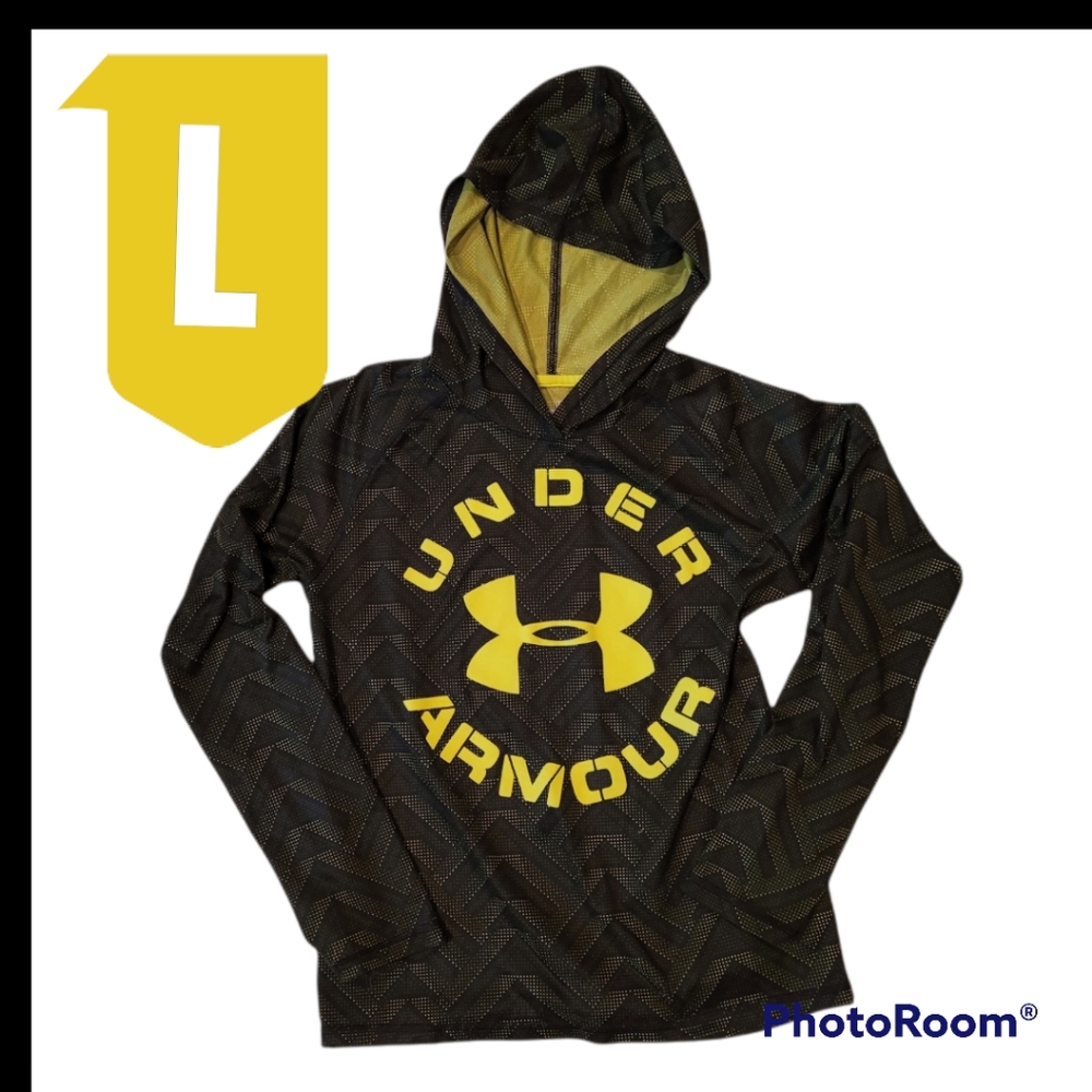 Boys L Under Armour LS Black Yellow Hooded Shirt